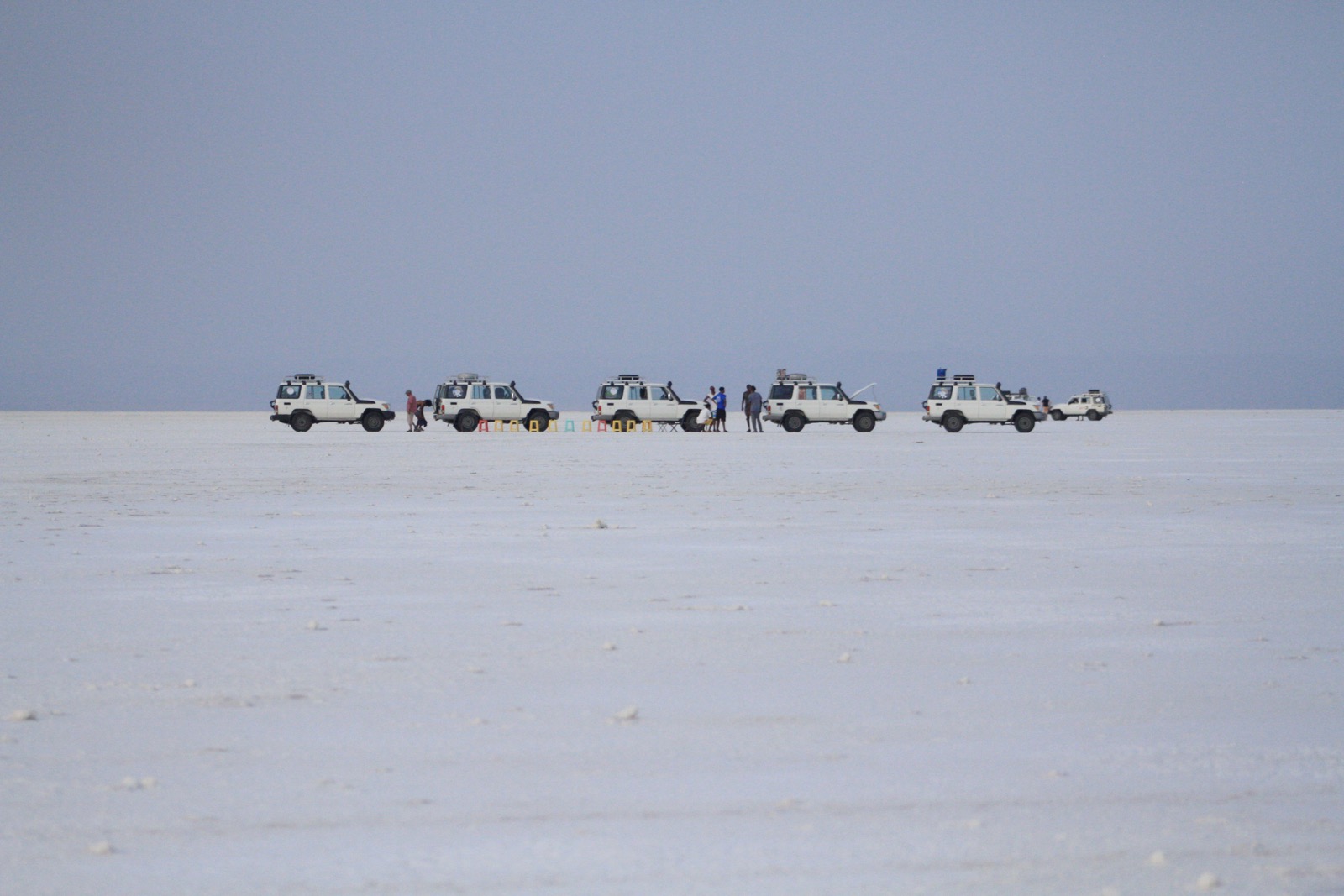 Expedition vehicles crossing the Afar salt flats
