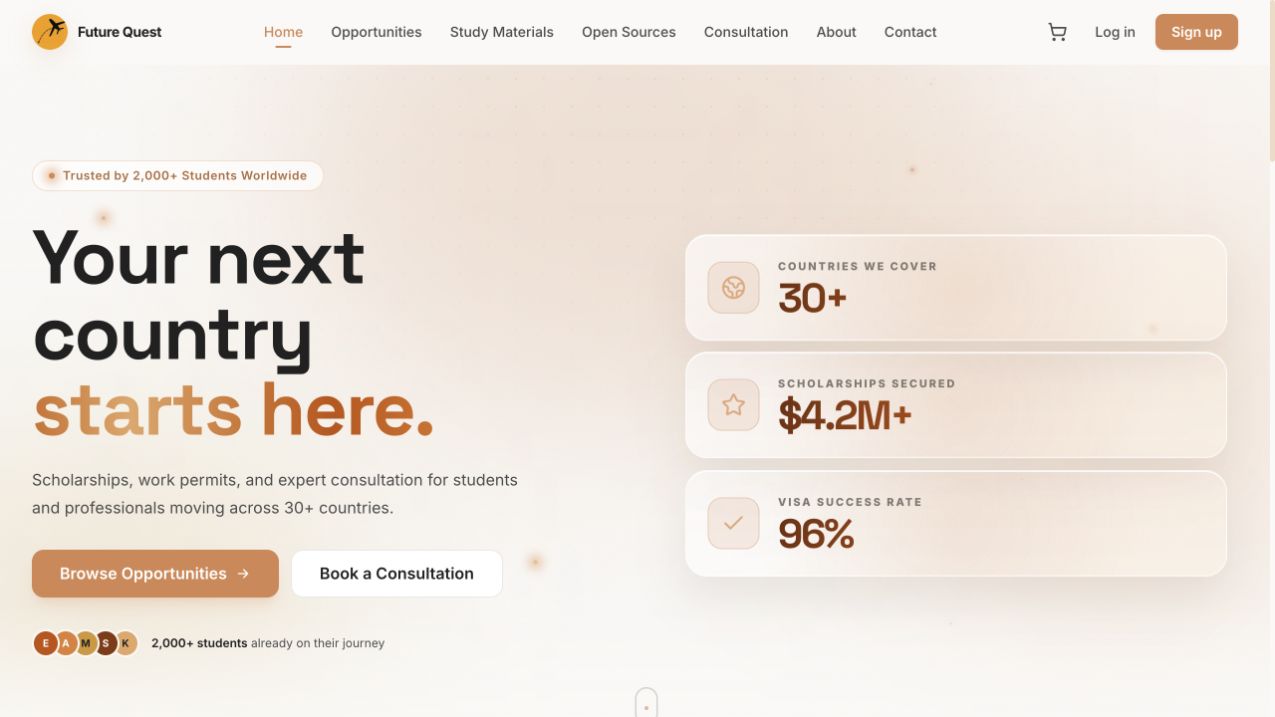 Future Quest homepage showing global scholarship and consultation services