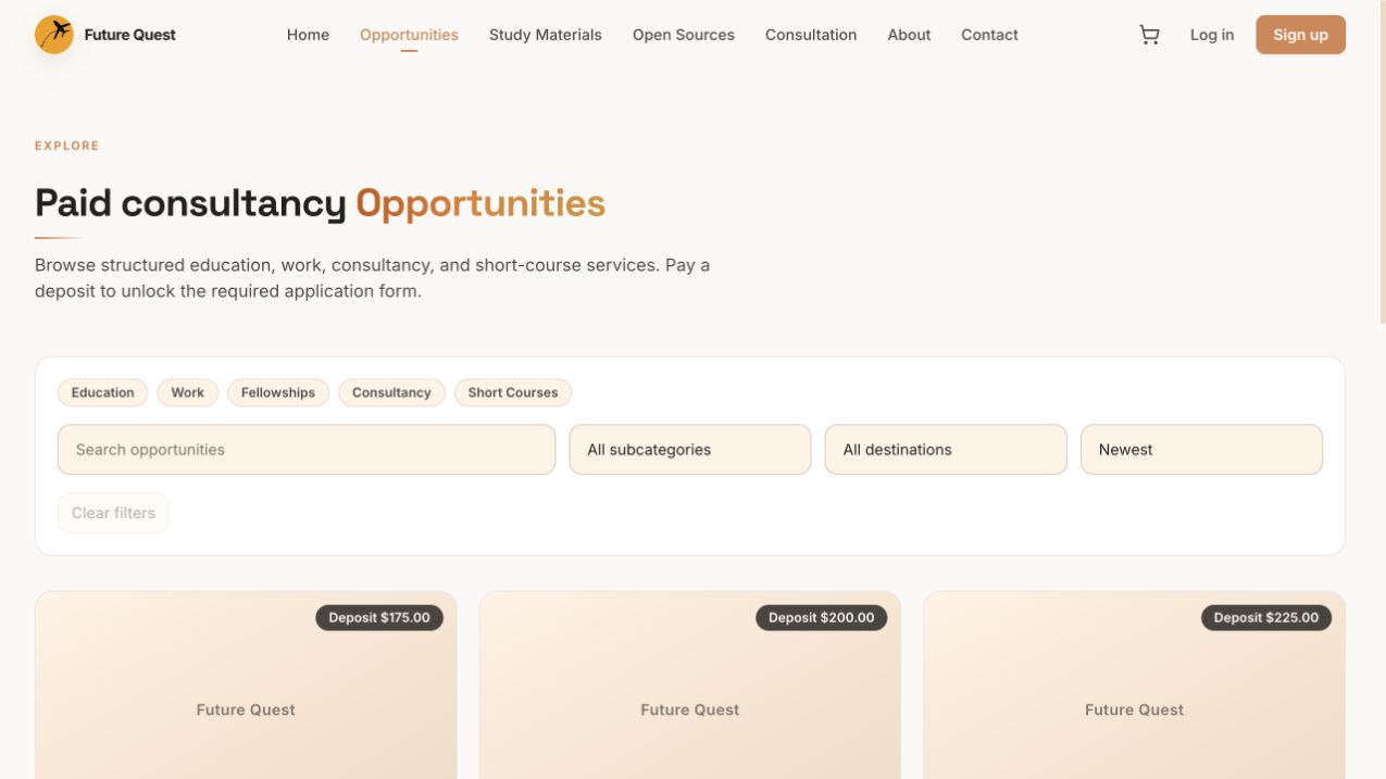 Future Quest opportunities page with categories, search, and destination filters