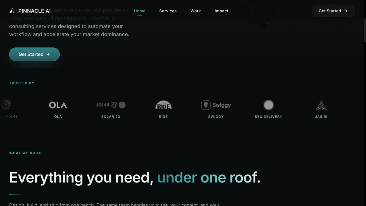 Pinnacle AI website showing trusted brands including Solar 23, RIDE, and beU Delivery